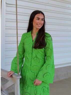 Cotton Green Eyelet Romantic Boho Hi Low Hem Dress Sz M Jillian Harris Style